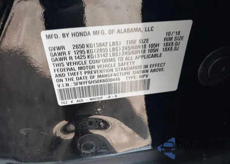 2019 Honda Pilot Ex-L from USA, damaged, VIN 5FNYF6H50KB030446